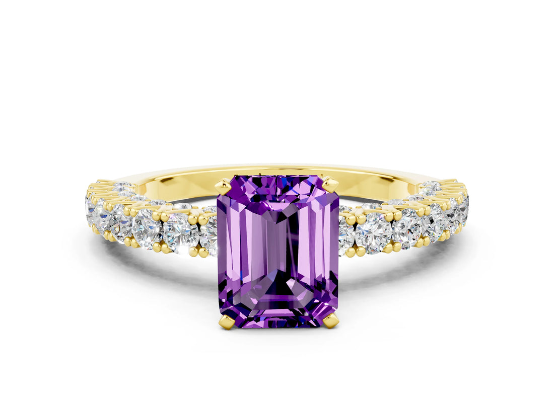 Yellow gold Emerald Cut Diamond Pavé Band Solitaire Ring with Prong Setting