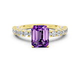 Yellow gold Emerald Cut Diamond Pavé Band Solitaire Ring with Prong Setting
