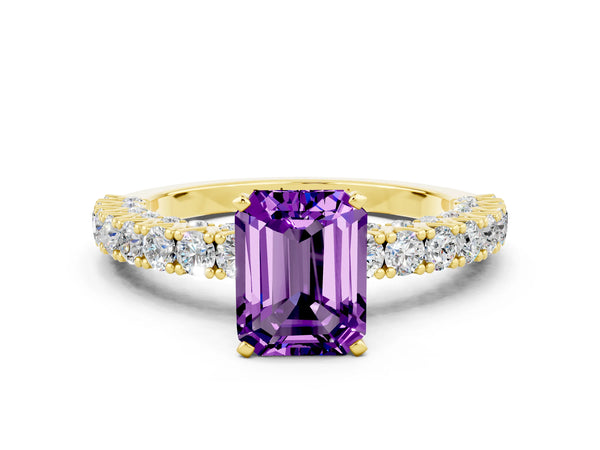 Yellow gold Emerald Cut Amethyst Solitaire Ring with Round Accent Pavé Band and Prong Setting