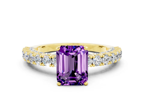 Yellow gold Emerald Cut Diamond Pavé Band Solitaire Ring with Prong Setting