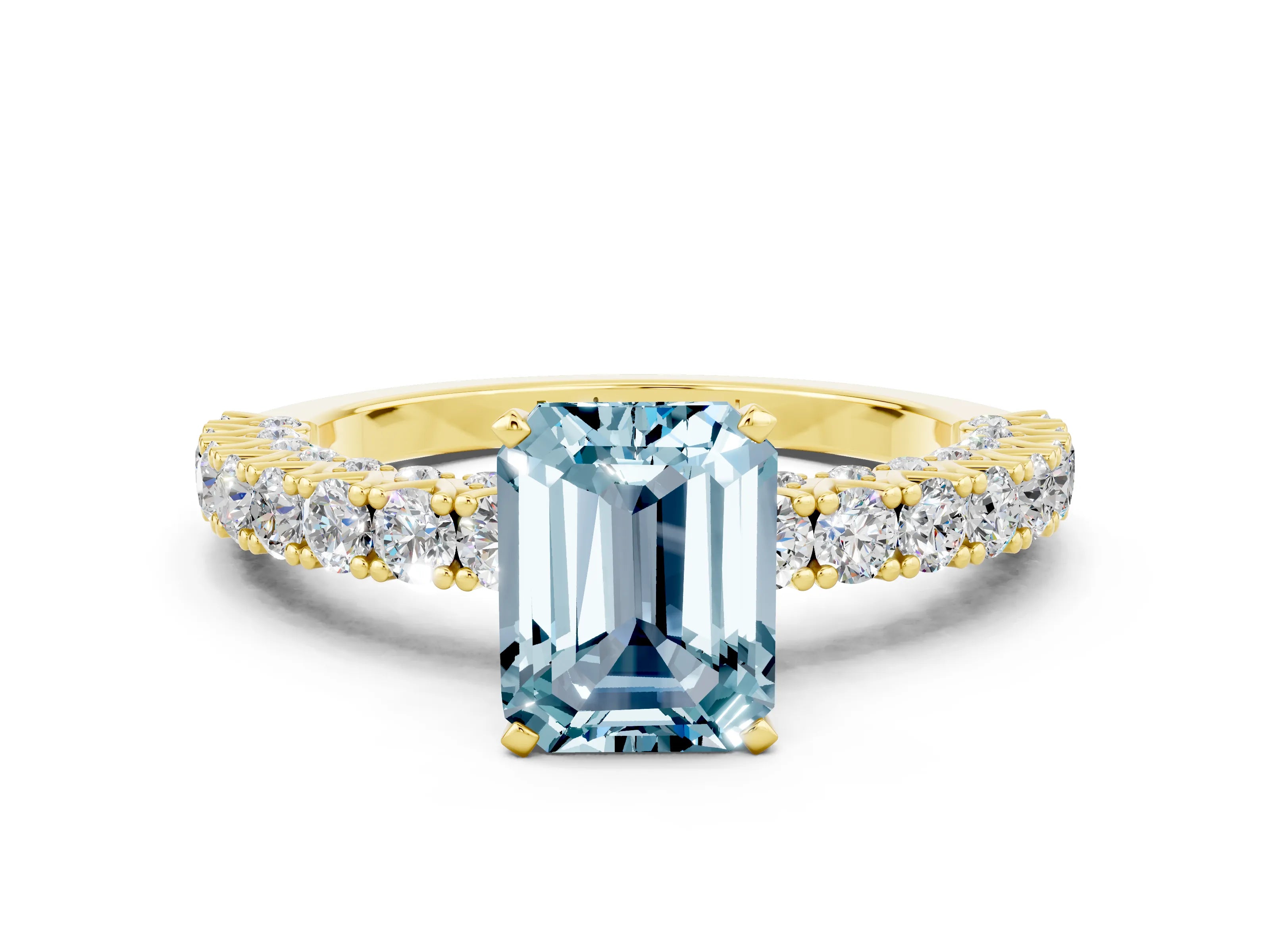 Yellow gold Emerald Cut Diamond Pavé Band Solitaire Ring with Prong Setting