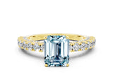 Yellow gold Emerald Cut Diamond Pavé Band Solitaire Ring with Prong Setting