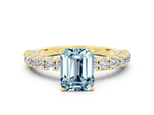Yellow gold Emerald Cut Diamond Pavé Band Solitaire Ring with Prong Setting