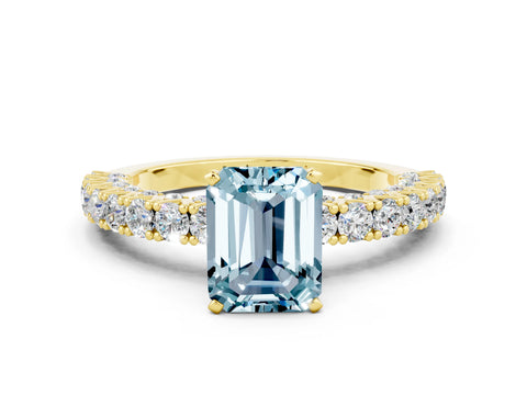 Yellow gold Emerald Cut Diamond Pavé Band Solitaire Ring with Prong Setting