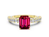Yellow gold Emerald Cut Diamond Pavé Band Solitaire Ring with Prong Setting