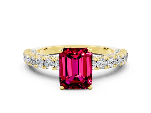 Yellow gold Emerald Cut Diamond Pavé Band Solitaire Ring with Prong Setting