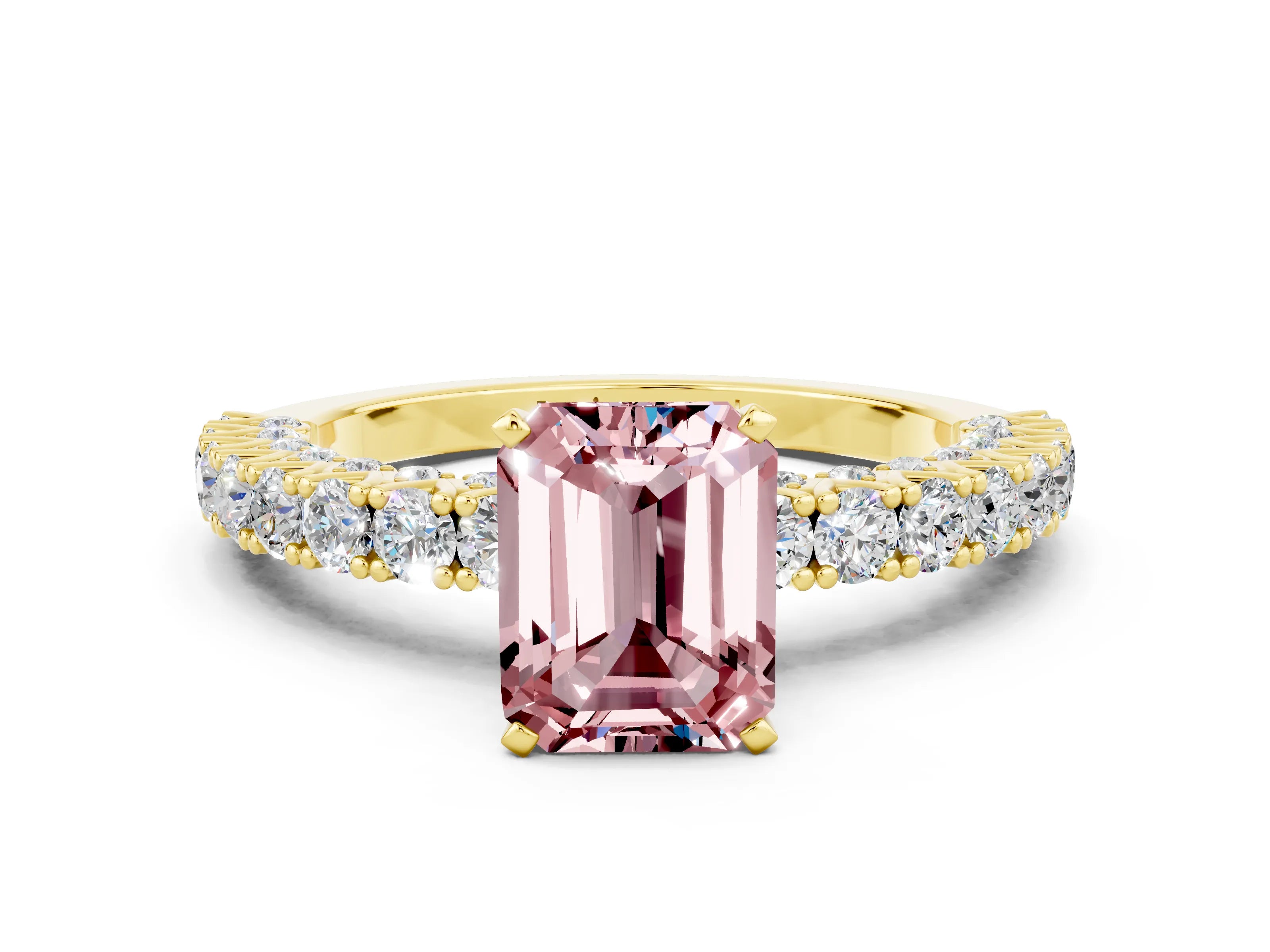 Yellow gold Emerald Cut Diamond Pavé Band Solitaire Ring with Prong Setting