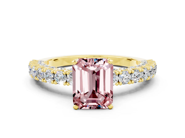 Yellow gold Emerald Cut Diamond Pavé Band Solitaire Ring with Prong Setting