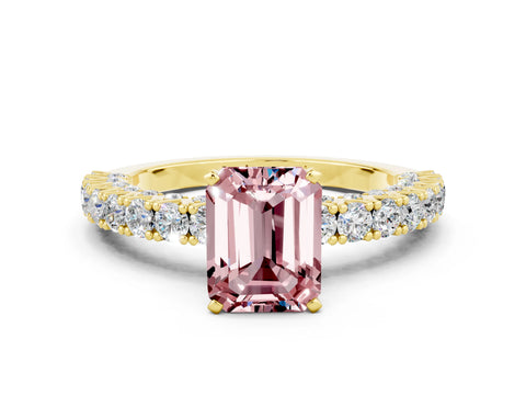 Yellow gold Emerald Cut Diamond Pavé Band Solitaire Ring with Prong Setting