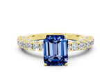Yellow gold Emerald Cut Diamond Pavé Band Solitaire Ring with Prong Setting