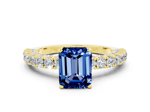 Yellow gold Emerald Cut Diamond Pavé Band Solitaire Ring with Prong Setting