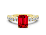 Yellow gold Emerald Cut Diamond Pavé Band Solitaire Ring with Prong Setting