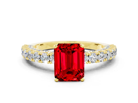Yellow gold Emerald Cut Diamond Pavé Band Solitaire Ring with Prong Setting