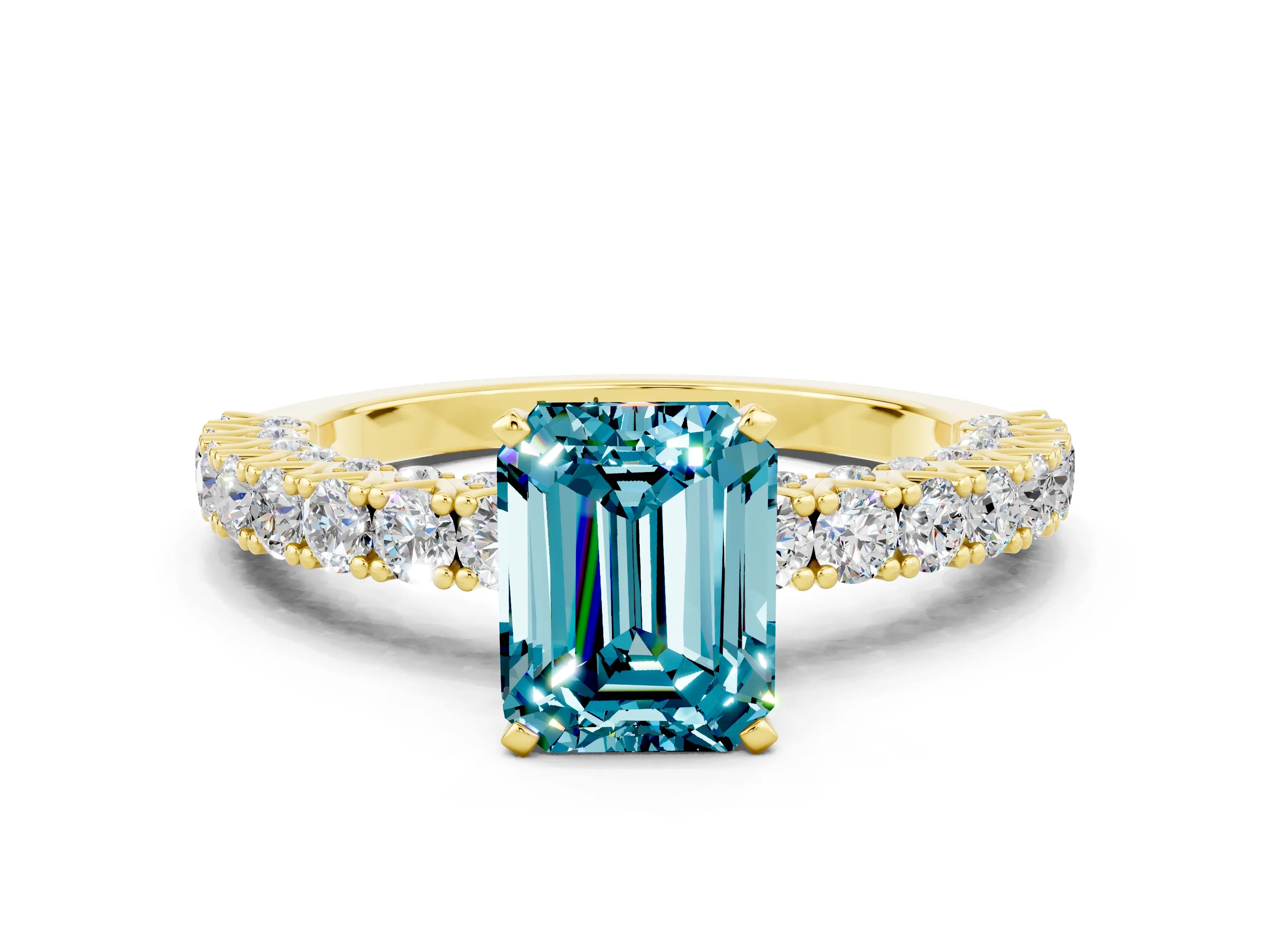 Yellow gold Emerald Cut Diamond Pavé Band Solitaire Ring with Prong Setting
