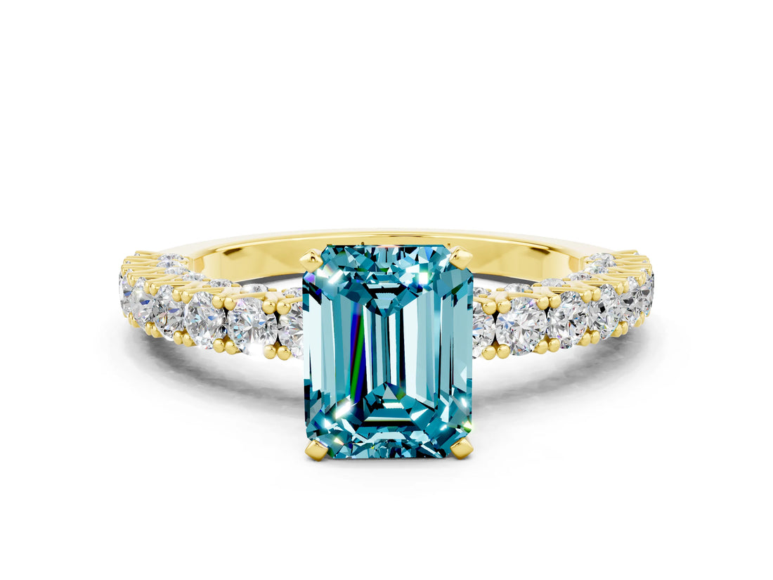 Yellow gold Emerald Cut Diamond Pavé Band Solitaire Ring with Prong Setting