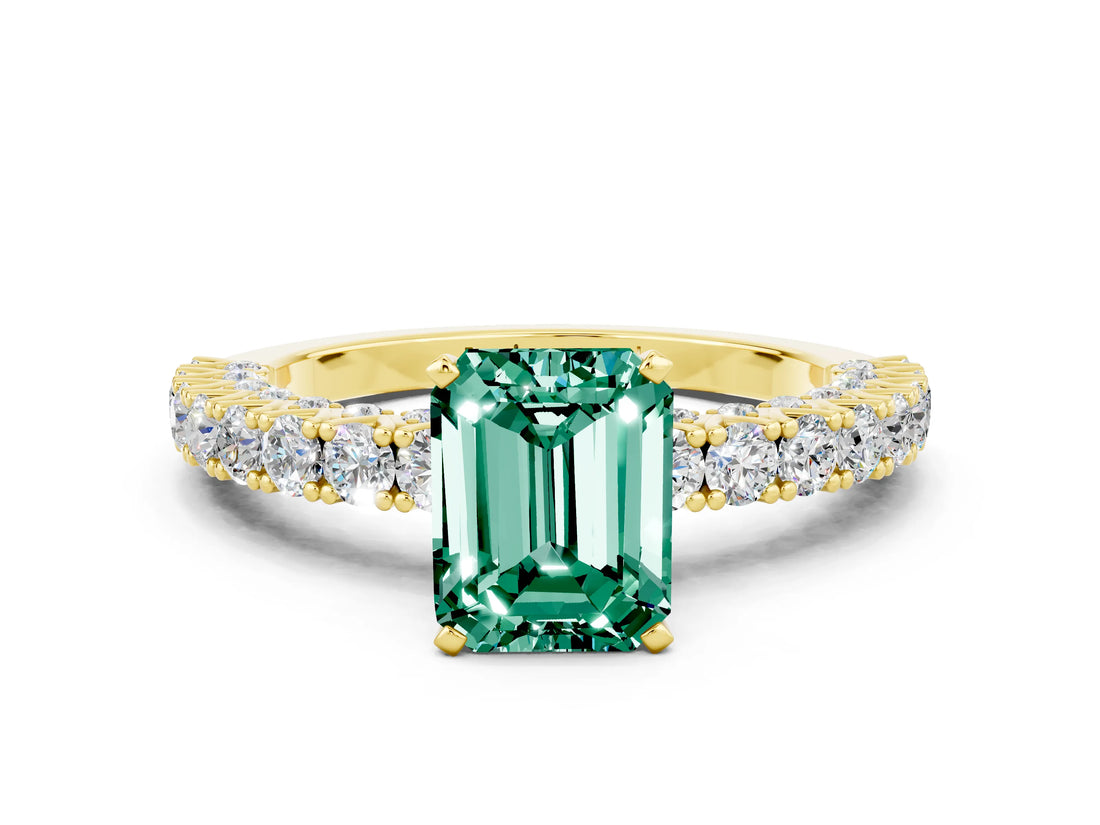 Yellow gold Emerald Cut Diamond Pavé Band Solitaire Ring with Prong Setting
