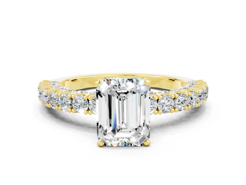 Yellow gold Emerald Cut Diamond Pavé Band Solitaire Ring with Prong Setting