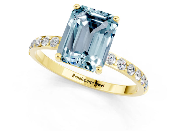 Yellow gold Emerald Cut Aquamarine Solitaire Ring with Round Pavé Shoulders and Prong Setting