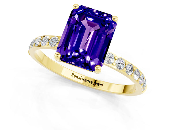 Yellow gold Emerald Cut Tanzanite Solitaire Ring with Round Pavé Shoulders and Prong Setting