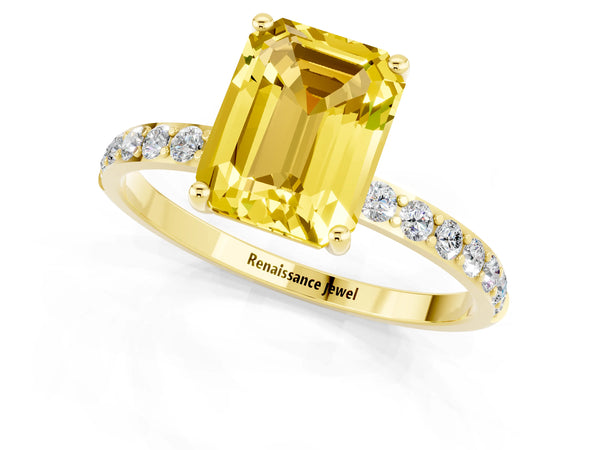 Yellow gold Emerald Cut Yellow Sapphire Solitaire Ring with Round Pavé Shoulders and Prong Setting
