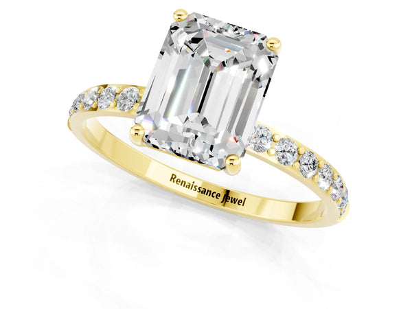 Yellow gold Emerald Cut Moissanite Solitaire Ring with Round Pavé Shoulders and Prong Setting