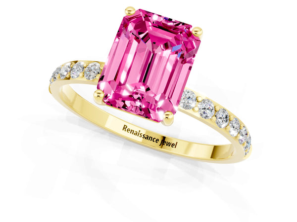 Yellow gold Emerald Cut Pink Sapphire Solitaire Ring with Round Pavé Shoulders and Prong Setting