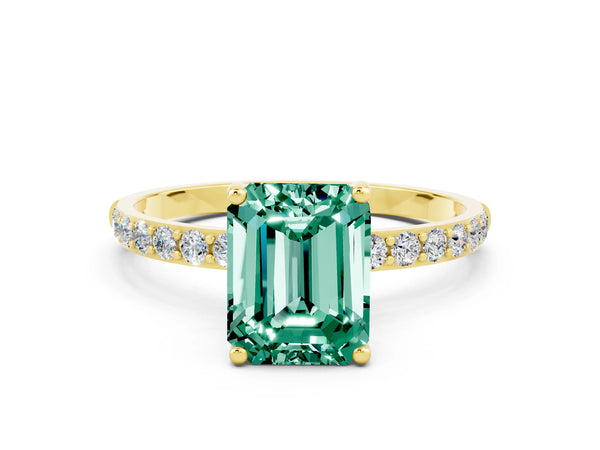 Yellow gold Emerald Cut Green Sapphire Solitaire Ring with Round Pavé Shoulders and Prong Setting