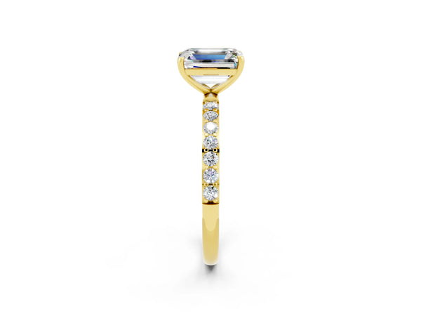 Yellow gold Emerald Cut Moissanite Solitaire Ring with Round Pavé Shoulders and Prong Setting