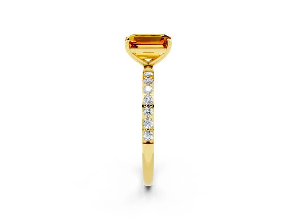 Yellow gold Emerald Cut Citrine Solitaire Ring with Round Pavé Shoulders and Prong Setting