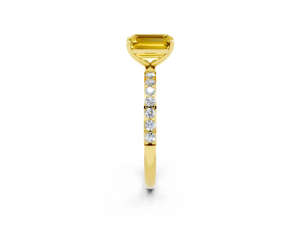 Yellow gold Emerald Cut Yellow Sapphire Solitaire Ring with Round Pavé Shoulders and Prong Setting
