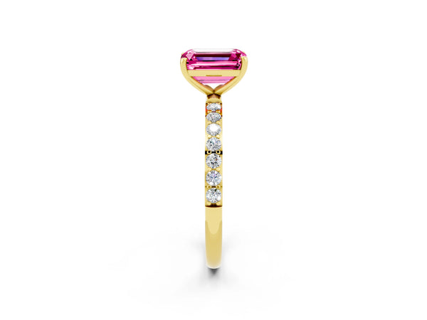 Yellow gold Emerald Cut Pink Sapphire Solitaire Ring with Round Pavé Shoulders and Prong Setting