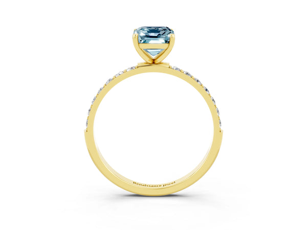 Yellow gold Emerald Cut Aquamarine Solitaire Ring with Round Pavé Shoulders and Prong Setting