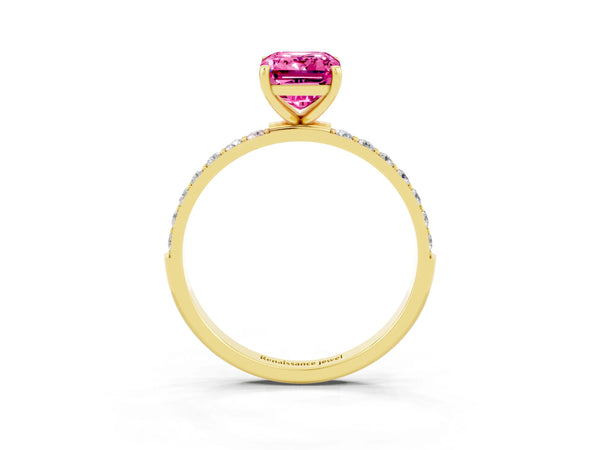 Yellow gold Emerald Cut Pink Sapphire Solitaire Ring with Round Pavé Shoulders and Prong Setting