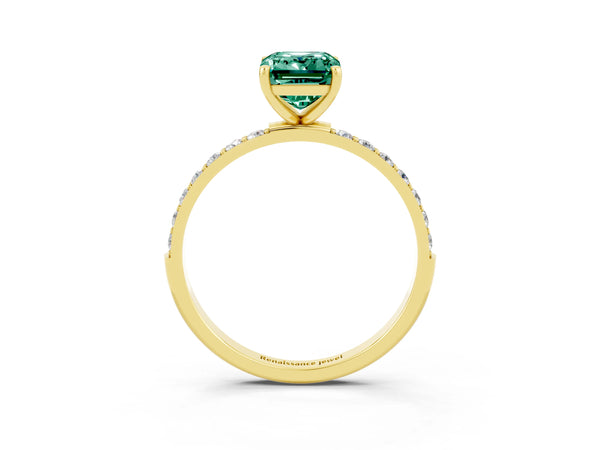 Yellow gold Emerald Cut Green Sapphire Solitaire Ring with Round Pavé Shoulders and Prong Setting