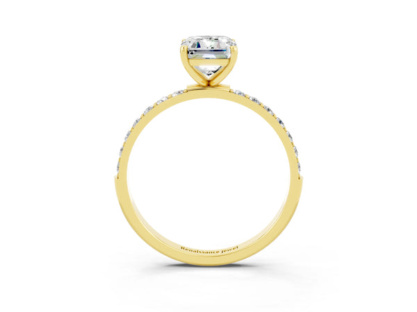 Yellow gold Emerald Cut Moissanite Solitaire Ring with Round Pavé Shoulders and Prong Setting
