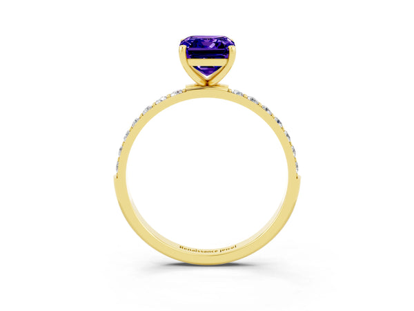 Yellow gold Emerald Cut Tanzanite Solitaire Ring with Round Pavé Shoulders and Prong Setting