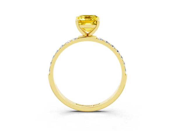 Yellow gold Emerald Cut Yellow Sapphire Solitaire Ring with Round Pavé Shoulders and Prong Setting