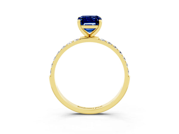 Yellow gold Emerald Cut Blue Sapphire Solitaire Ring with Round Pavé Shoulders and Prong Setting
