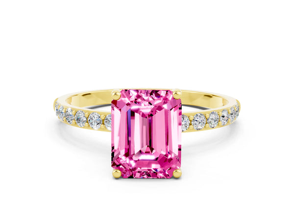 Yellow gold Emerald Cut Pink Sapphire Solitaire Ring with Round Pavé Shoulders and Prong Setting