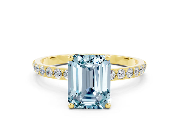 Yellow gold Emerald Cut Aquamarine Solitaire Ring with Round Pavé Shoulders and Prong Setting