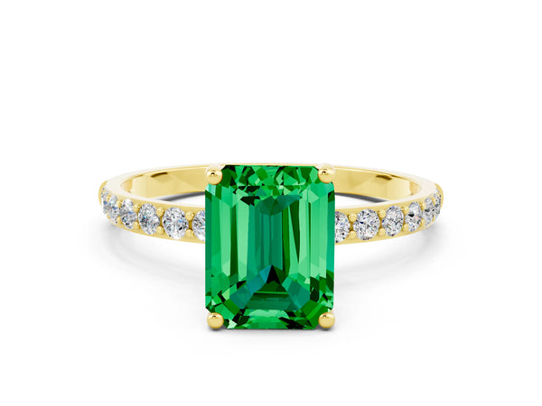Yellow gold Emerald Cut Emerald Solitaire Ring with Round Pavé Shoulders and Prong Setting