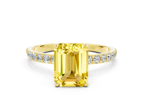 Yellow gold Emerald Cut Yellow Sapphire Solitaire Ring with Round Pavé Shoulders and Prong Setting