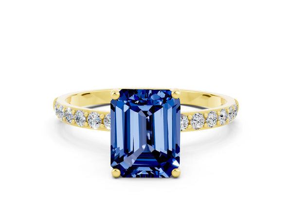 Yellow gold Emerald Cut Blue Sapphire Solitaire Ring with Round Pavé Shoulders and Prong Setting