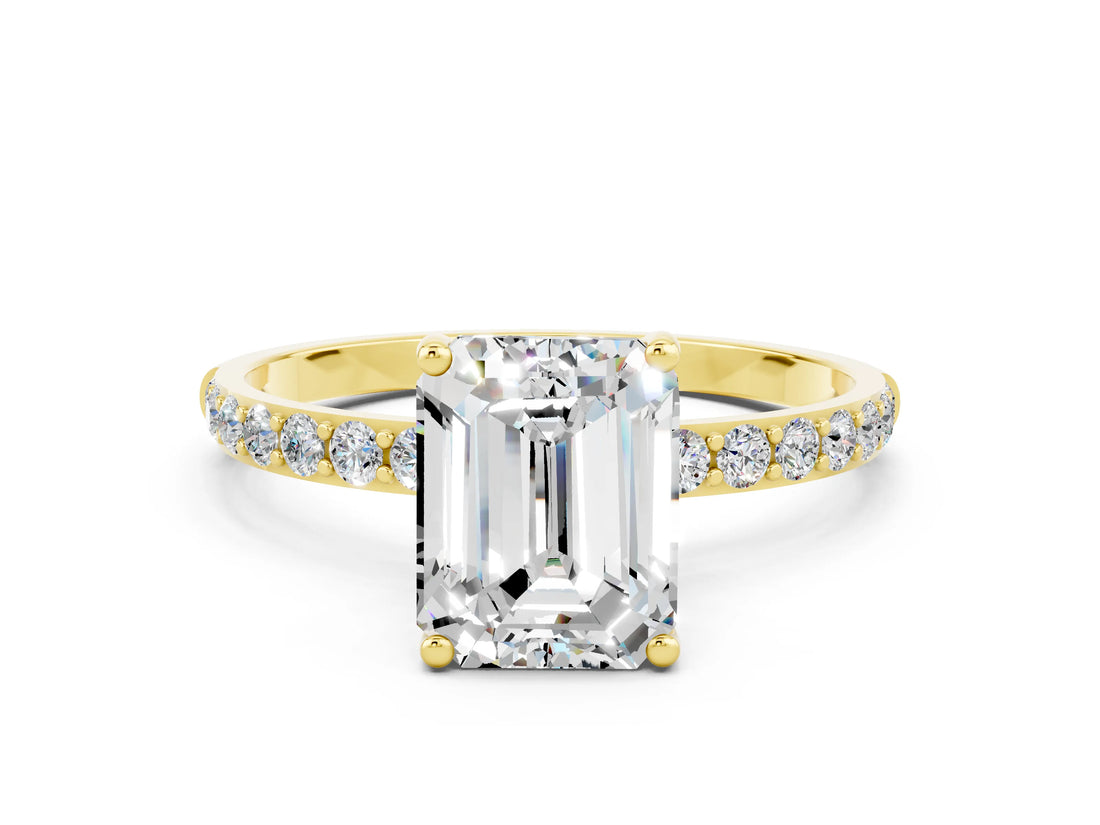 Yellow gold Emerald Cut Diamond Pavé Band with Six-Prong Setting