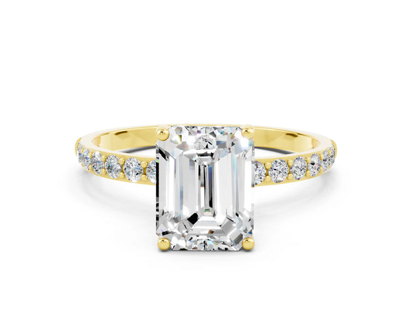 Yellow gold Emerald Cut Moissanite Solitaire Ring with Round Pavé Shoulders and Prong Setting