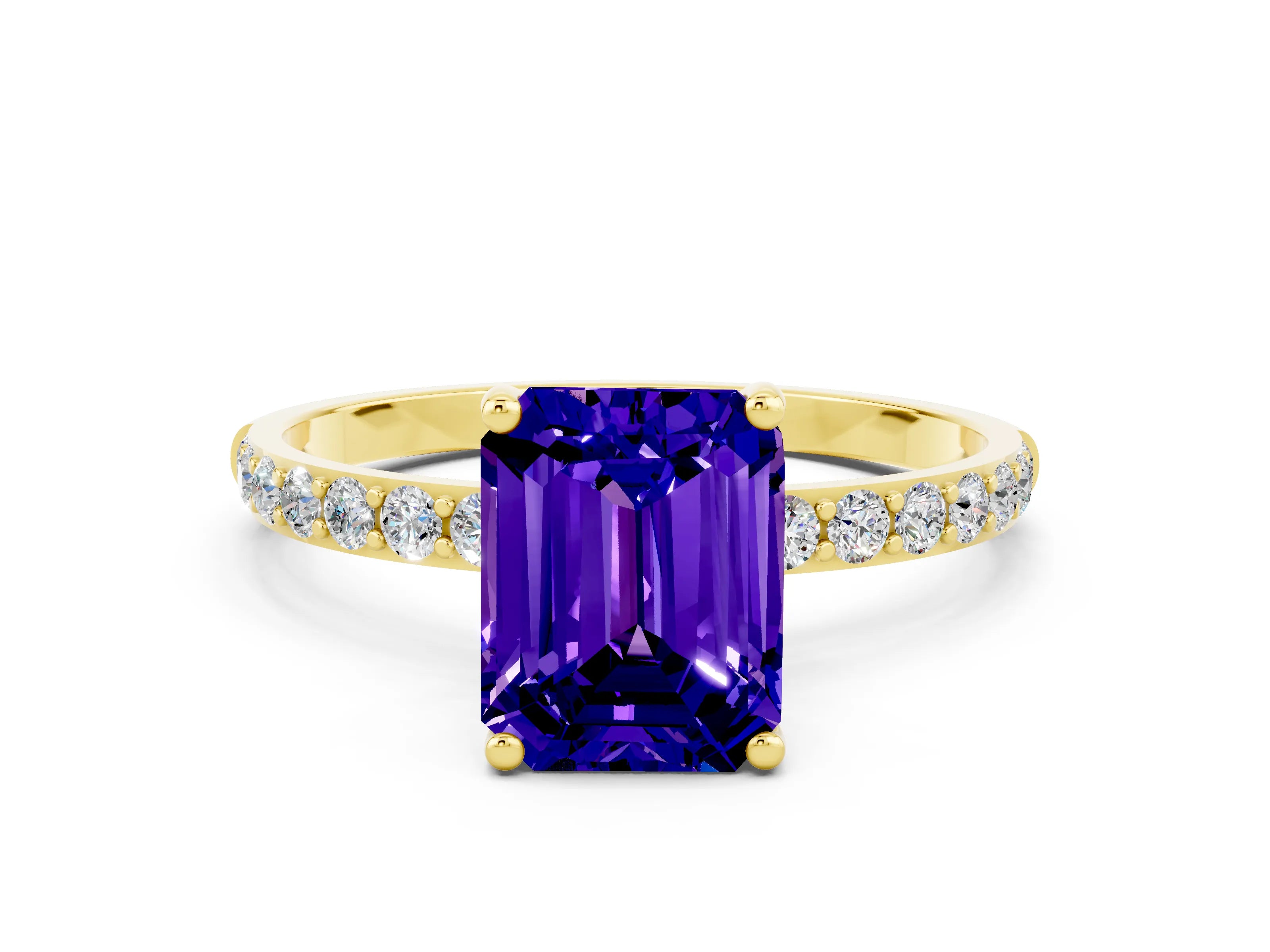Yellow gold Emerald Cut Diamond Pavé Band with Six-Prong Setting