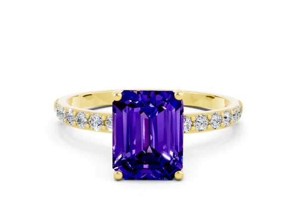 Yellow gold Emerald Cut Tanzanite Solitaire Ring with Round Pavé Shoulders and Prong Setting