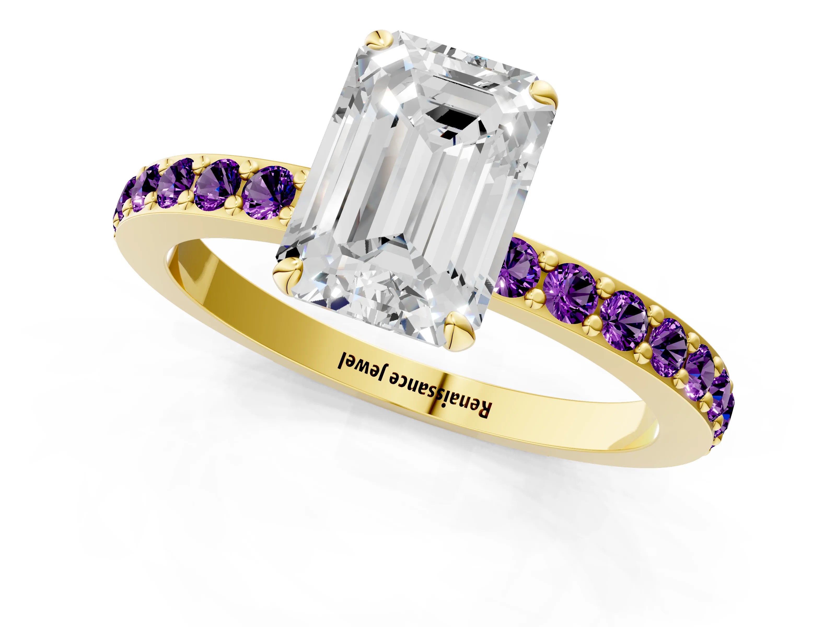 Yellow gold Emerald Cut Diamond Pavé Engagement Ring with Round with Amethyst side stone Accents and Prong Setting_1