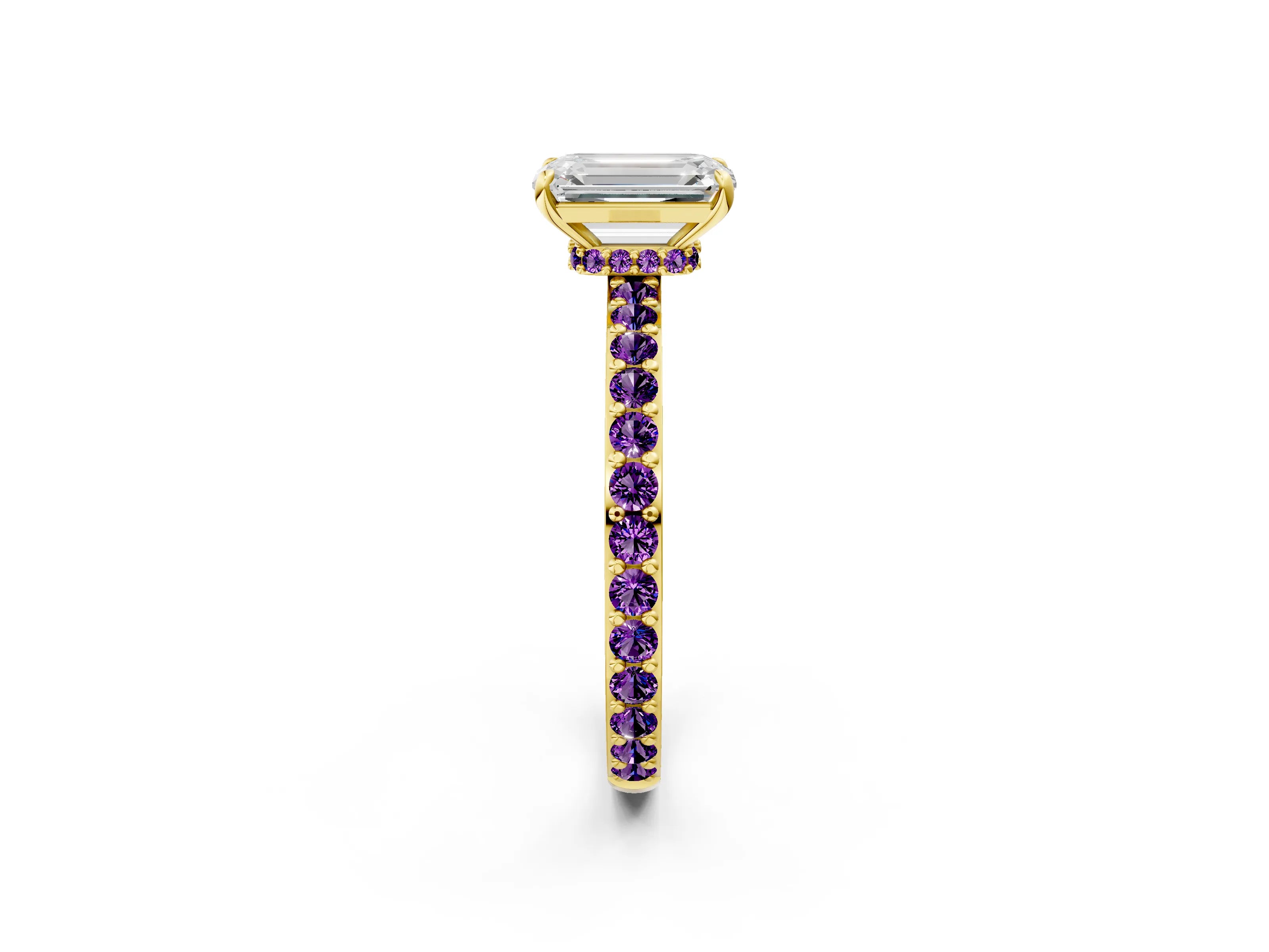 Yellow gold Emerald Cut Diamond Pavé Engagement Ring with Round with Amethyst side stone Accents and Prong Setting_2