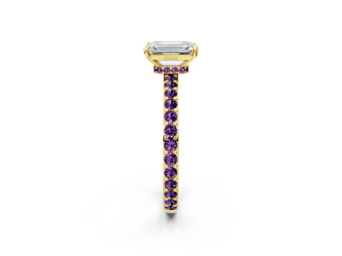 Yellow gold Emerald Cut Diamond Pavé Engagement Ring with Round with Amethyst side stone Accents and Prong Setting_2